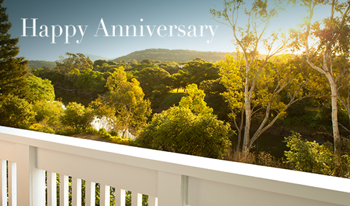 Gift card image of the view from a room balcony with the text “Happy Anniversary”