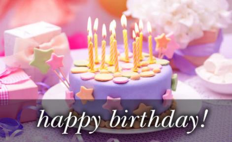 Image of a birthday cake with lit candles and the text 