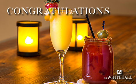 eGift Card image of cocktails with the text “Congratulations” and The Whitehall logo