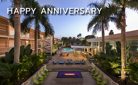 eGift Card image of swimming pool at night with the text “Happy Anniversary” and the Hotel Alba logo