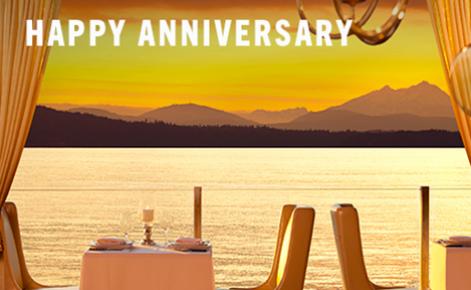 Gift card image of the view from restaurant at sunset with the text “Happy Anniversary” 