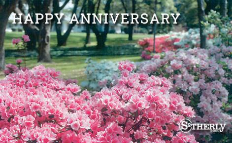 eGift Card image of close up on flowers with the text “Happy Anniversary” and the Sotherly Hotels logo