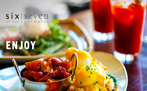 Gift card image of a restaurant dish with the text “Enjoy” and the six seven logo 
