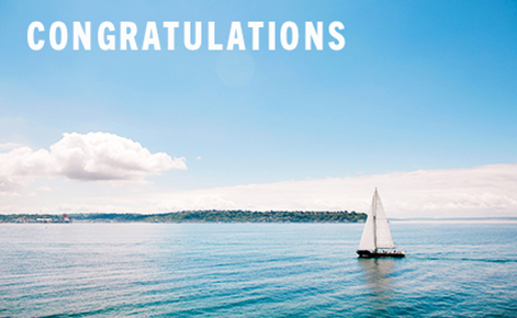 Gift card image of a sailboat out on the water with the text “Congratulations” 