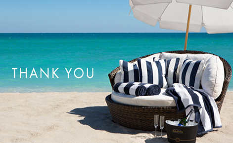 Gift card image of sun lounger and Champaign with the text “Thank You” 