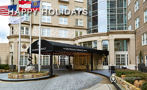 eGift Card image of the external view of the front of the hotel with the text “Happy Holidays” and The Georgian Terrace logo