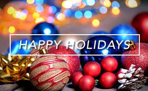 Gift card image of holiday lights and tree ornaments with the text 