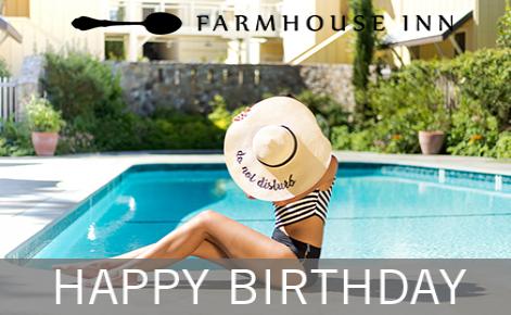 Gift card image of lady by the pool with the Farmhouse Inn logo and the text 