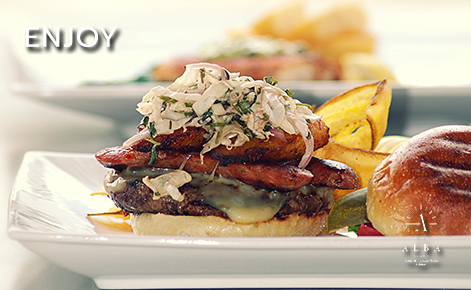 eGift Card image of a burger with the text “Enjoy” and the Hotel Alba logo