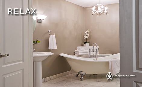 eGift Card image of a bath with the text “Relax” and The Georgian Terrace logo