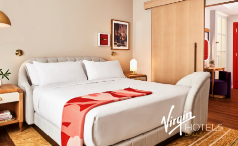 Gift card image of hotel room with the Virgin Hotel Dallas logo