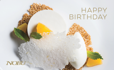 Gift card image of Pineapple coconut cake with the text  “Happy Birthday” and the Nobu logo