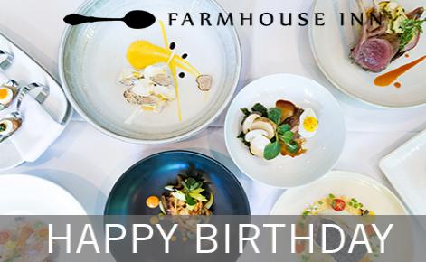 Gift card image of various dishes with the Farmhouse Inn logo and the text 