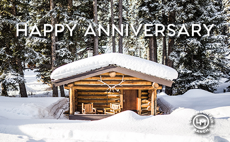 Image of cabin in the snow with the text 
