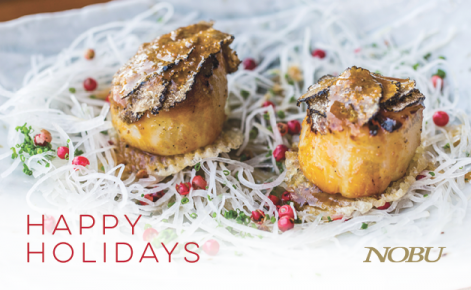 Gift card image of Grilled Diver Scallops with Truffles with the  text “Happy Holidays” and the Nobu logo