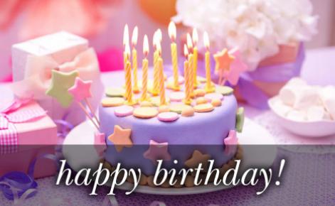 Image of a birthday cake with lit candles and the text 