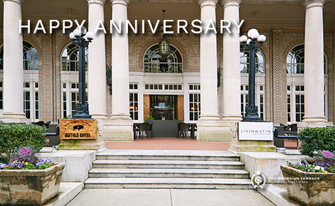 eGift Card image of the external view of the back of the hotel with the text “Happy Anniversary” and The Georgian Terrace logo