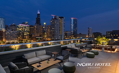 Gift card image of the roof terrace at night with the Nobu Hotel Chicago logo