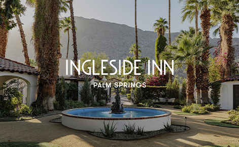 open area view with the fountain in center, Ingleside Inn palm spring written on it