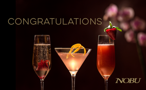 Gift card image of cocktails with the text “Congratulations”  and the Nobu logo