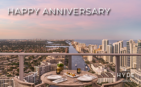 eGift Card image of the view from the penthouse balcony with the text “Happy Anniversary” and the Hyde Beach House Logo