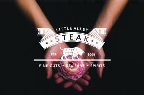 Little Alley Steak logo on black background with hands cusping a rose