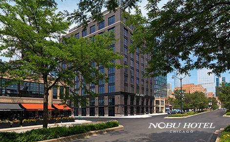 Gift card image of the exterior of the hotel with the Nobu Hotel Chicago logo