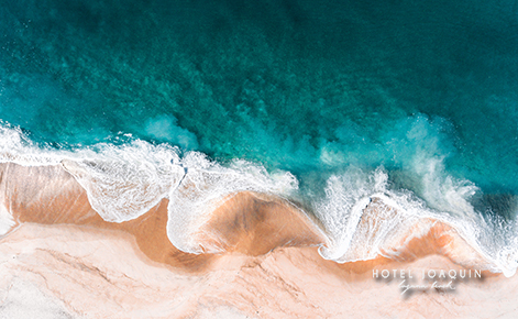Ariel image of the beach and sea and the Hotel Joaquin logo