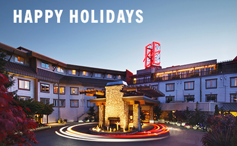 Gift card image of the outside of the hotel with the text “Happy Holidays”