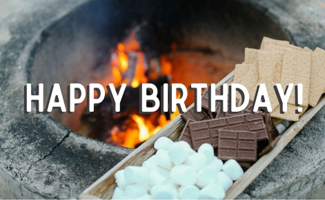 Gift card image of fire pit and S’mores with the text “Happy  Birthday!”
