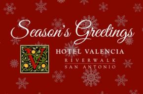 Hotel Valencia Riverwalk Logo on red Christmasy background with the text 