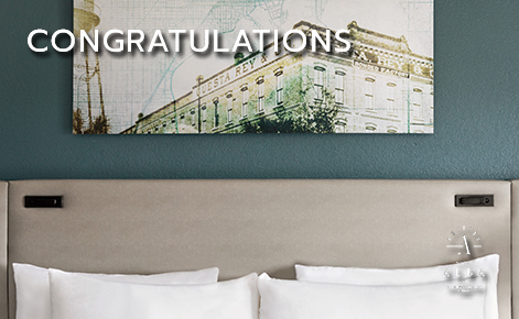 eGift Card image if bed in suite with the text “Congratulations” and the Hotel Alba logo