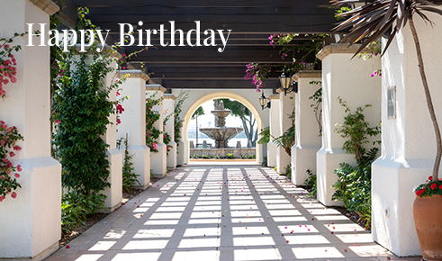 Gift card image of the courtyard with the text “Happy Birthday”