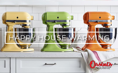 Gift card image of kitchen aids with the text “Happy House Warming” with the Orsini’s logo