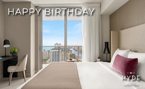 eGift Card image of hotel room with the text “Happy Birthday” and the Hyde Beach House logo