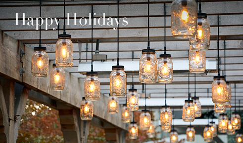 Gift card image of ceiling lights with the text “Happy Holidays” 