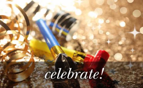 Image of balloons, streamers and ribbon with the text 