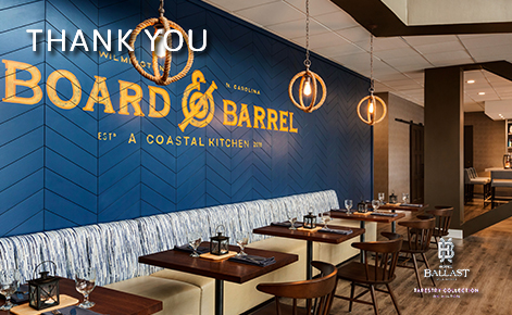 eGift Card image of the interior of Board & Barrel restaurant with the text “Thank You” and the Hotel Ballast logo