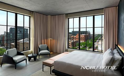Gift card image of hotel room with the Nobu Hotel Chicago logo