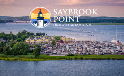 Gift card image of Saybrook Point and Marina at sunset with logo