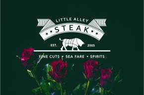 Little Alley Steak logo on dark green background with roses at the  bottom of the image