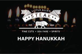 Little Alley Steak logo on black background with lit candles at the  bottom of the image with the text 