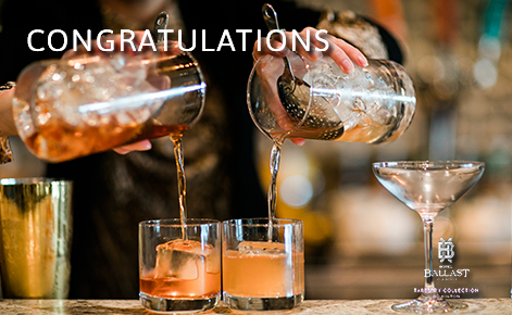 eGift Card image of cocktails being poured with the text “Congratulations” and the Hotel Ballast logo