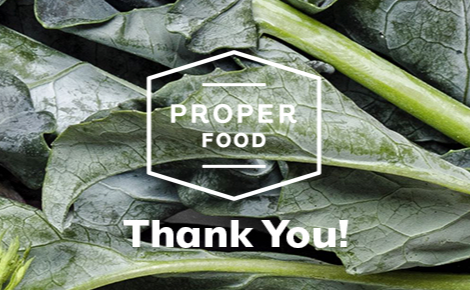 Proper Logo with 'Thank you' text and leafy greens background