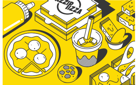 A stylized illustration of a pizza, drink, cookie, pizza boxes, and other food on the front of a gift card.