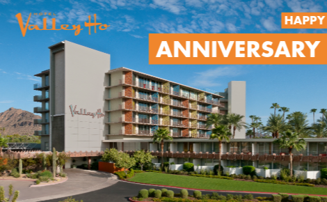 hotel exterior; text says "Happy Anniversary"
