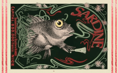 Art nouveau-style poster featuring a whimsical fish holding up an absinthe glass. The word “Sardine” is written in flowy red letters, with light greens, creams, and black design elements