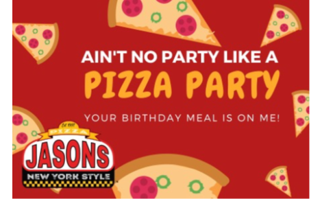 Pizza Party on me with jasons logo in bottom left
