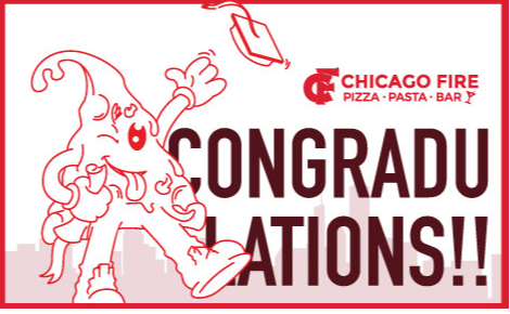 Congratulations spelled "ConGRADulations" eGift Card for grads. Slice of pizza holding degree and throwing cap in air.