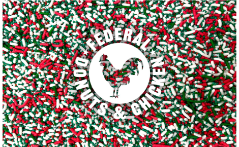 Holiday sprinkles background with Federal Donuts & Chicken logo.